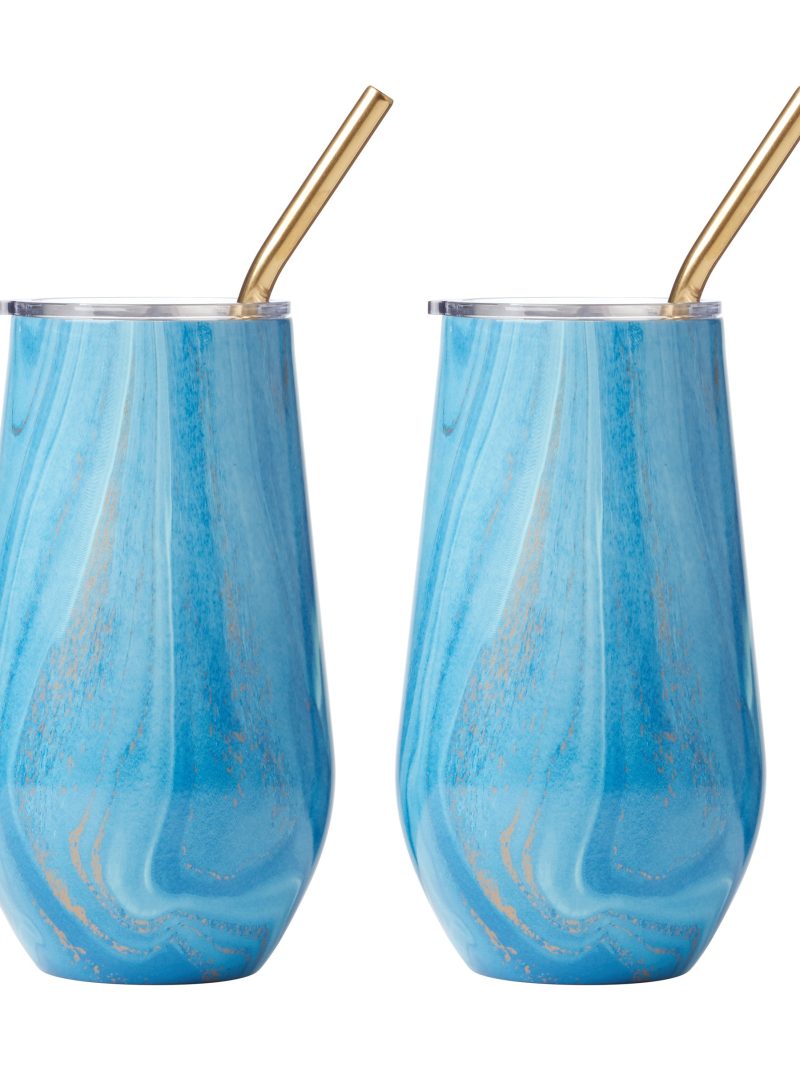 16 Oz Blue Geo Tumblers With Straws, Set Of 2
